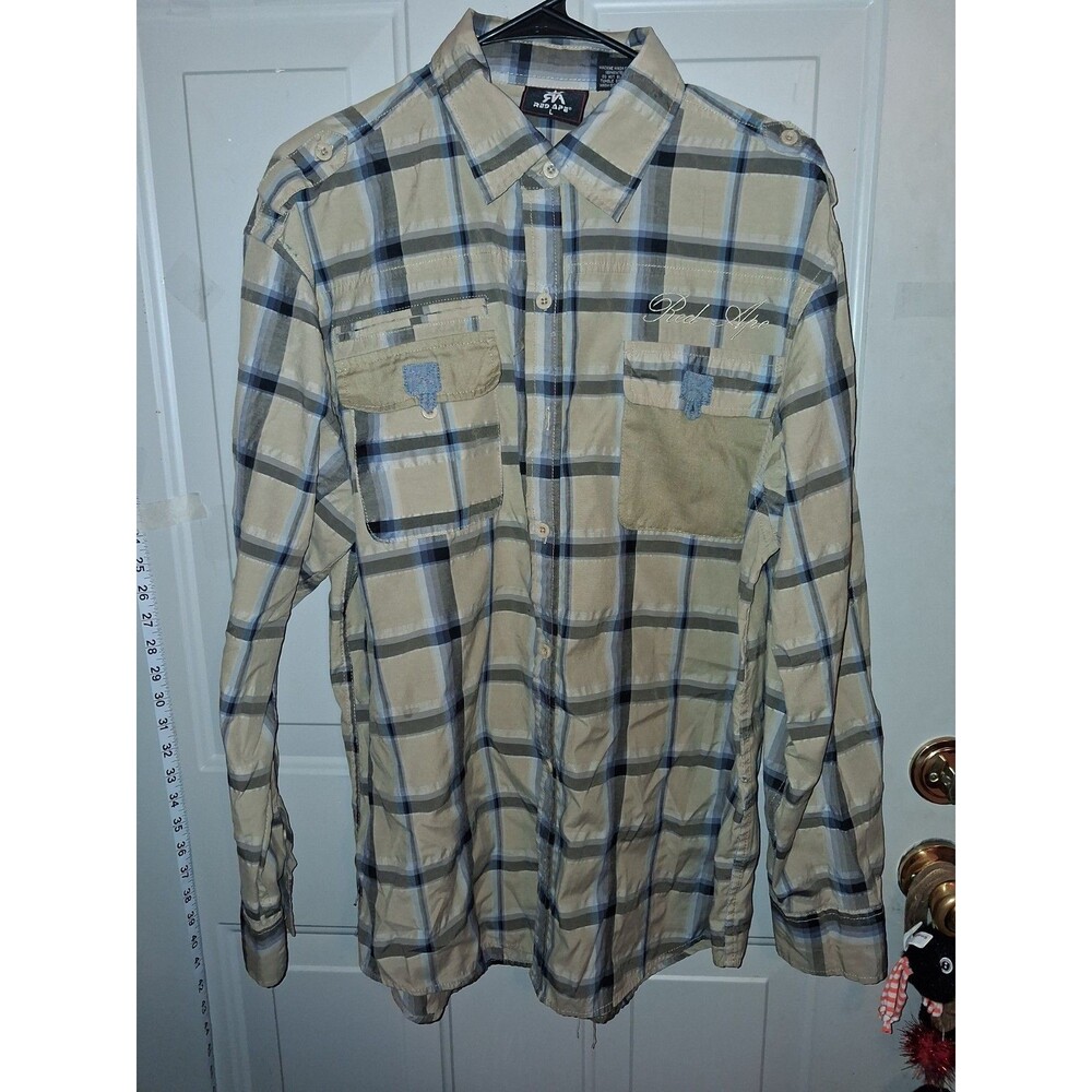 Red Ape Y2K Plaid Button Up Shirt Mens L Tan Blue Oversized Workwear Cotton...
